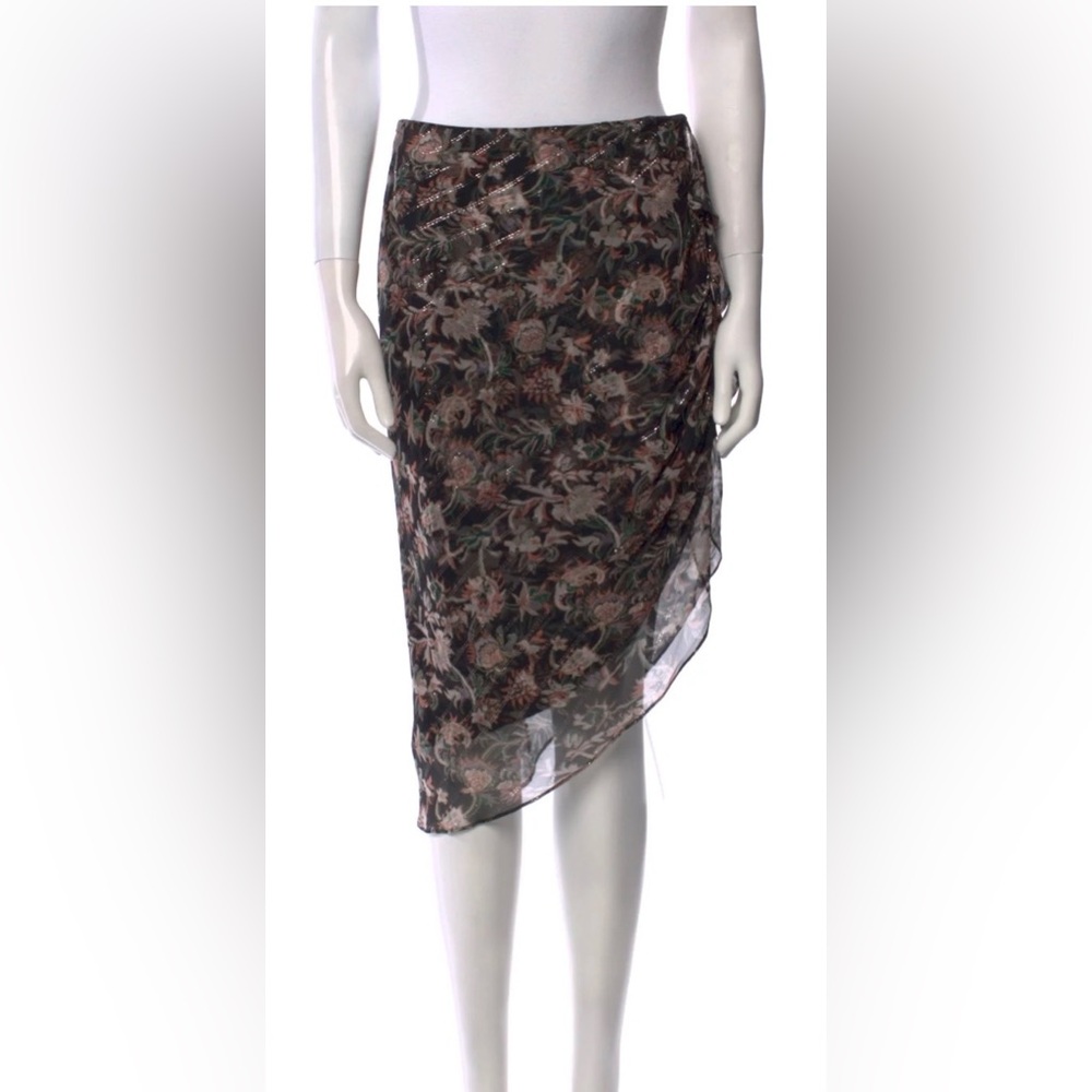 Veronica Beard Luxury Brand Black Floral Ruched Silk Skirt with Gold Accents - Picture 8 of 9
